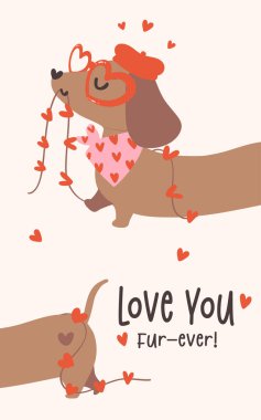 Cute Valentine Dachshund Dog love Card Retro Cartoon Illustration Printable clipart