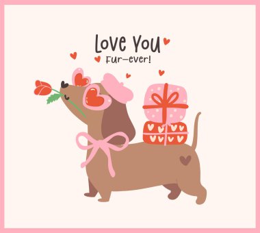 Sevimli Valentine Dachshund Köpek teslimatı Retro Çizgi Film Tebrik Kartları Çizimi 