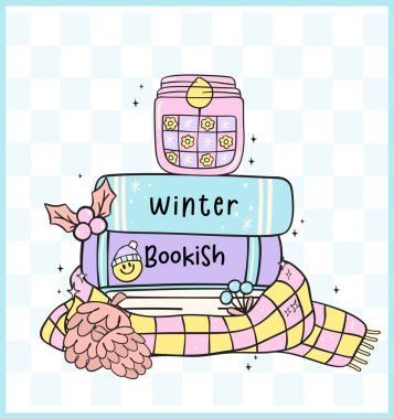 Cute Groovy Retro Winter Bookish Book stacked wrapped in cozy scarf Illustration Hand Drawn Doodle. clipart