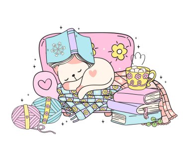 Cute Groovy Retro Winter Bookish Cat Sleeping on Cozy Sofa Illustration Hand Drawn Doodle. clipart