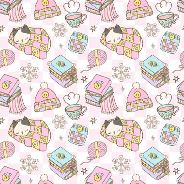 Cute Groovy Retro Cozy Winter Bookish Sleeping Cat Seamless Pattern with Hand Drawn Cartoon clipart