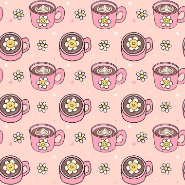 Arka planda izole edilmiş Şirin Retro Kahve Fincanı Latte Kusursuz Desen