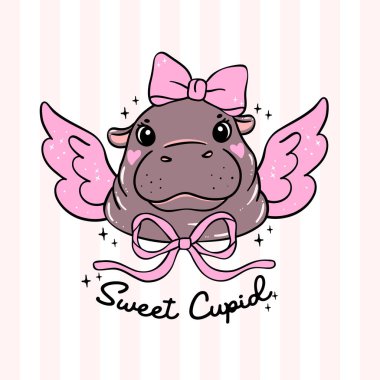 Cute Valentine Cupid Baby Pygmy Hippo Retro Hand Drawn Cartoon Character  clipart