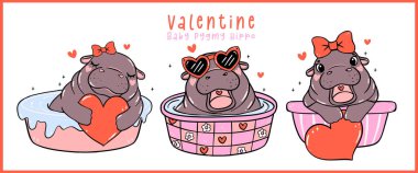 Group of Cute Valentine Baby Pygmy Hippo in bathtub Hand Drawn Cartoon Character  clipart