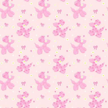 Kusursuz desenli Coquette Pembe Balon Köpeği. Arka planda Vibrant Pastel yayı var.