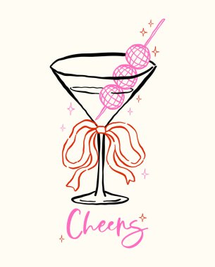 Whimsical Disco Martini Glass with Bow Outline Hand Drawn Groovy Retro Playful Style clipart