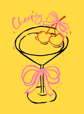 Yay ve kirazlı kaprisli martini bardakları Kalp taslağı, el çizimi, Retro Playful Style