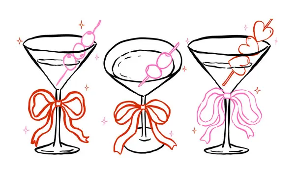 Fiyonk ve zeytin kaplamalı kaprisli Martini Gözlükleri Taslak El Çizimi Muhteşem Retro Oyuncak Tarzı