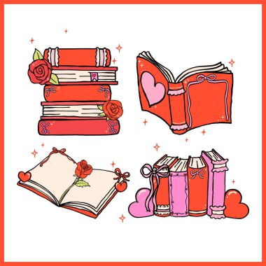 Retro Valentine Kitap Enfes Yürekli Kitap Tuhaf El Çizimi