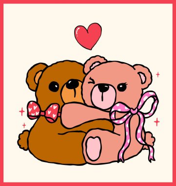 Retro Valentine Sarılma Oyuncak Ayıları Nostaljik İllüstrasyon Dalgalı El Canlı ve Cesur Çizim