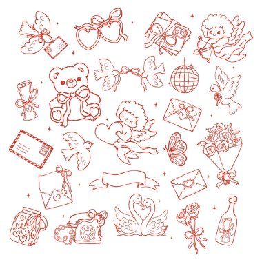 Retro Valentine Nostaljik Element Taslak Çizimi Dalgalı El Çizimi Biçimli ve Oyuncu Biçimlendirme 