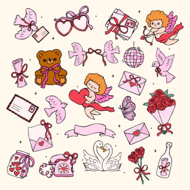 Retro Valentine Nostaljik Ögesi Dalgalı El Çizim Tarzı ve Oyuncu Şekliyle İllüstrasyon Ayarladı 