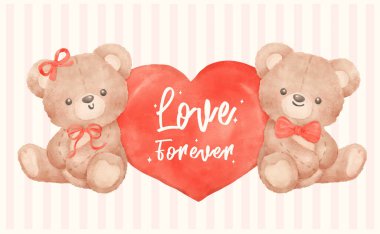 Sevgililer Günü Coquette Teddy Bear ve Red Heart suluboya stilinde
