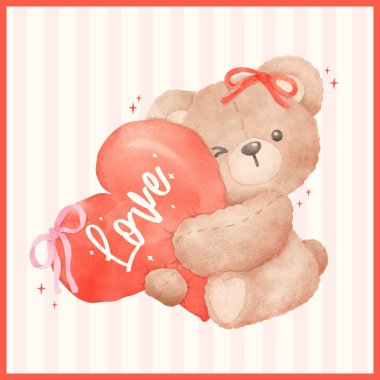 Tuhaf Sevgililer Günü Coquette Oyuncak Ayı Suluboya El Boyalı Kırmızı Kalbe Sarıldı