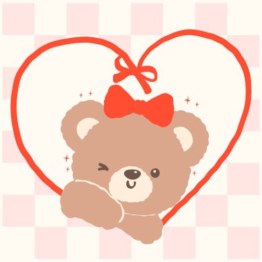 Retro Coquette Teddy Bear 'dan Ribbon Heart Shaped Frame Frame Cartoon Hand Düz Tasarım