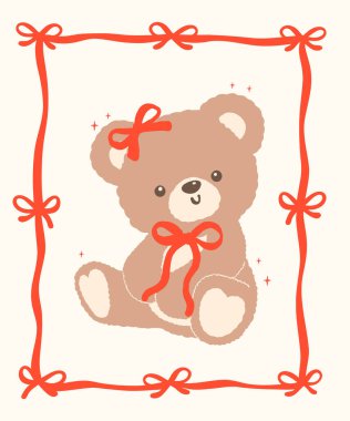 Ribbon Frame Çizgi Filmi El Çizimi Düz Tasarımı ile Retro Coquette Teddy Bear