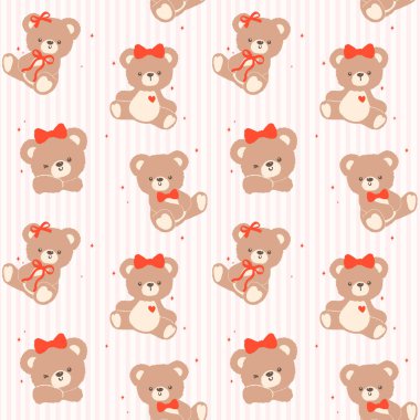 Kusursuz Desensiz Retro Coquette Oyuncak Ayı ile Kırmızı Yay Çizgi Filmi El çizimi arka planda izole