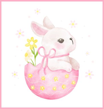Sevimli pembe Coquette Paskalya tavşanı. Yumurta suluboya fiyonklu. Tuhaf elli.