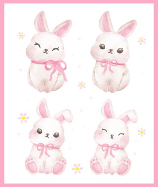 Cute Coquette White Bunny with Pink Ribbon Bow watercolor animal Hand Drawn collection clipart