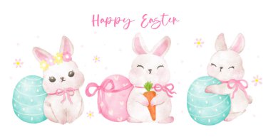 Spring Coquette Easter Bunny Ribbon Bow with  Egg watercolor animal Hand Drawn Group clipart