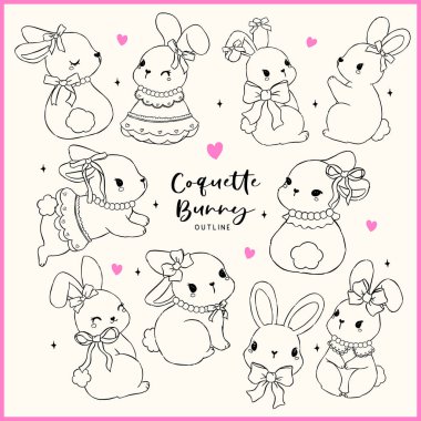 Coquette Bunny ve eğri büğrü el çizimi çizim taslağı 