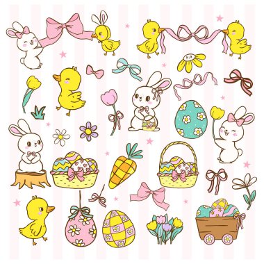 Tatlı Pastel Mutlu Paskalya Elementleri kırpma paketi seti, Tavşan ve Tavşan Sevimli Çizgi Film Koleksiyonu