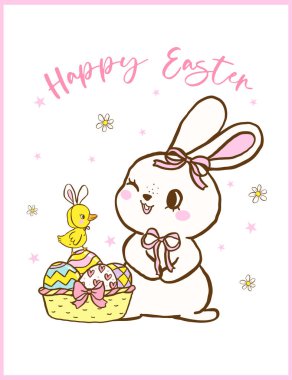 Retro Coquette Easter, Bunny and baby chicken  with a basket of eggs, Cute Festive Hand Drawn Greeting Card Illustration. clipart