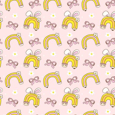 Retro Okulu Paskalya Günleri Kusursuz Şablon, Gökkuşağı Kalemi Gökkuşağı Tavşan Kulaklı Duvar Kağıdı arka planı