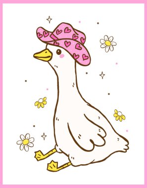 Kovboy şapkalı şirin Retro Kovboy Kız Aptal Kaz Çizgi Filmci Batı Kaz Eli çizilmiş