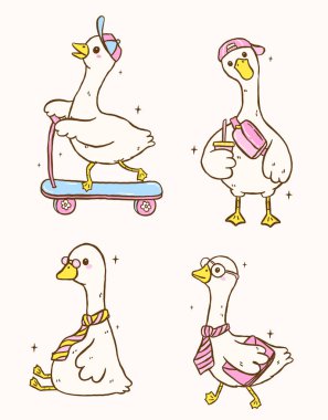 Şirin Aptal Kaz Meme Clipart Çizgi Film Karakteri El Çizimi Çizim Kümesi