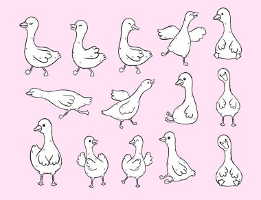 Oyuncu ve kaprisli Aptal Kaz Siyah ve Beyaz Clipart, Sevimli El Çizimi Çizim Çizim Çizim Seti