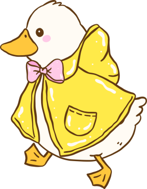 Yağmurluklu şirin beyaz ördek kapüşonlu bahar estetik çizgi film çizer.