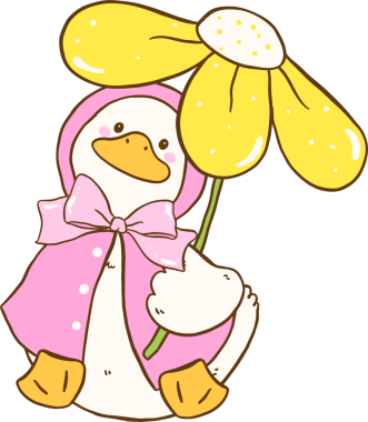 Pembe yağmurluklu şirin beyaz ördek ve çiçekli Şemsiye İlkbahar Estetik Karikatür El Çizimi