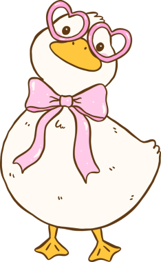 Pembe kurdeleli şirin beyaz ördek. Gözlüklü. İlkbahar Estetik Karikatür El Çizer.