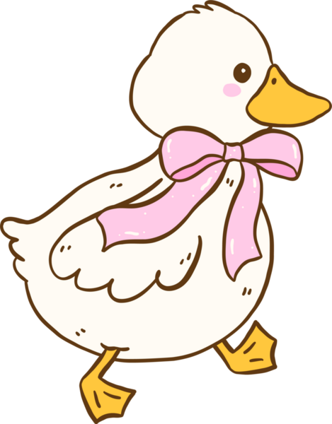 Pembe Fiyonklu Şirin Beyaz Ördek İlkbaharda Yürüyen Estetik Çizgi Film Çizer El