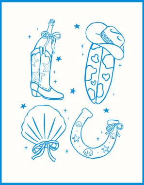 Coastal Cowgirl Kovboy Botu, şapka, sörf tahtası, Deniz kabuğu bekar plajı çizimi, oyuncu el çizimi.