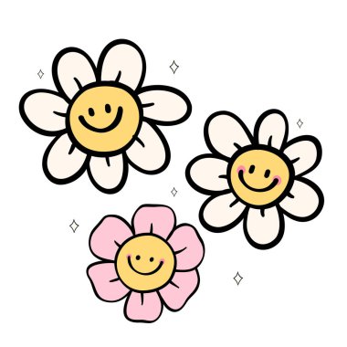 Tatlı Retro Gülen Yüz Daisy Flower, El Çizimi Karalama Seti