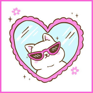 Sevimli komik Retro Self Love Cat Aynalı Çizgi Film Çizer El 'de arsız gözlük takıyor 