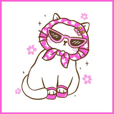 Sevimli Retro Self Love Cat, yüksek topuklu ve arsız gözlüklü Çizgi film Çizer El 