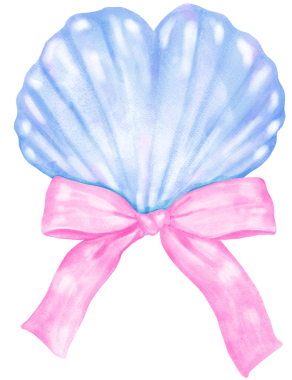 Coquette Seashell Watercolor, Pastel Blue Clam Shell Heart Yaz, Plaj ve Kıyı Tasarımı İçin Pembe Fiyonk
