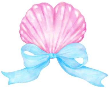 Coquette Seashell Watercolor, Pastel Pembe Deniz Kabuğu Kalbi Mavi Fiyonklu Yaz, Plaj ve Sahil Tasarımı