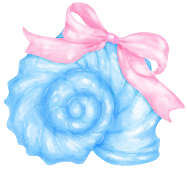 Coquette Seashell Watercolor, Pastel Blue Salyangoz Deniz Kabuğu Yaz, Plaj ve Kıyı Tasarımı İçin Pembe Fiyonk