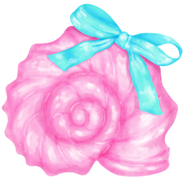 Coquette Seashell Watercolor, Pastel Pembe Salyangoz Deniz Kabuğu Yaz, Plaj ve Kıyı Tasarımı İçin Mavi Fiyonk