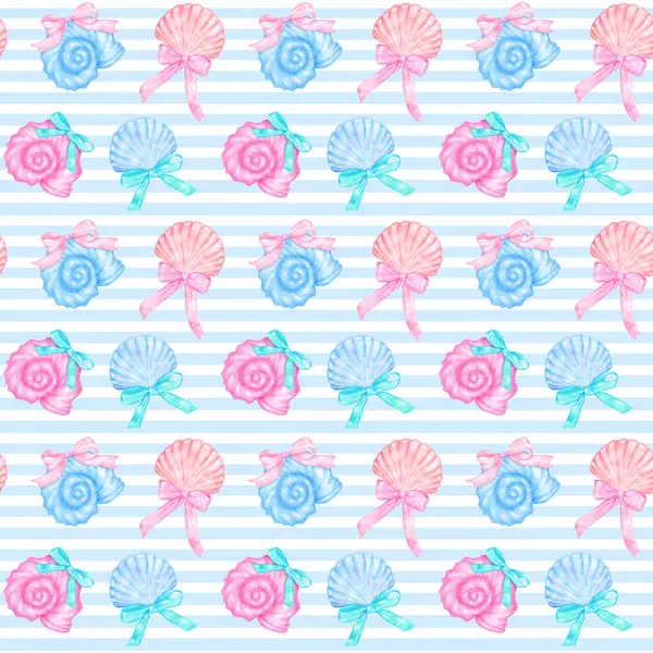 Coquette Deniz Cehennemi Kusursuz Yaz Şablonu, Mavi Arkaplanda Fiyonklu Suluboya Renkli Deniz Kabuğu, Kıyı Duvarkağıdı