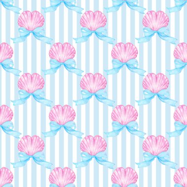 Coquette Deniz Cehennemi Kızları Kusursuz Yaz Şablonu, Mavi Fiyonklu Suluboya Deniz Kabuğu, Kıyı Duvarı Kağıdı