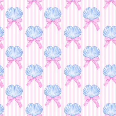 Kızlı Yaz Coquette Deniz Kabuğu Kusursuz Desen, Pembe Çizgili Fiyonklu Suluboya Kabuğu, Kıyı Duvar Kağıdı