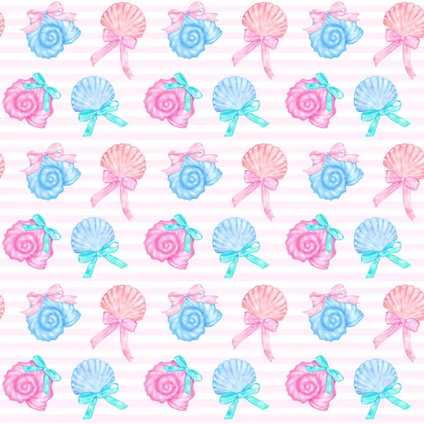 Coquette Deniz Cehennemi Kusursuz Yaz Şablonu, Pembe Arkaplanda fiyonklu Suluboya Renkli Deniz Kabuğu, Kıyı Duvar Kağıdı