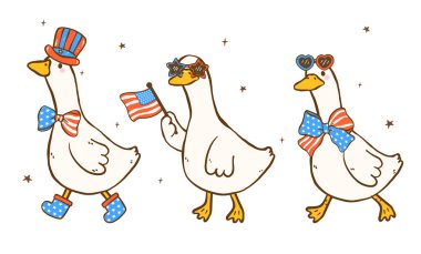 4 Temmuz Aptal Kaz Grubu Amerikan Bayrak Şapkası ve Yay El Çizimi Çizimi Çizimi