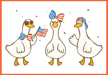 Sevimli 4 Temmuz Aptal Kaz Amerikan Bayrak Şapkası ve Yay El Çizim Çizim Grubu