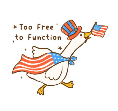 Amerikan Bayrak Şapkalı Aptal Kaz 4 Temmuz Sevimli El Çizimi Doodle Çizimi